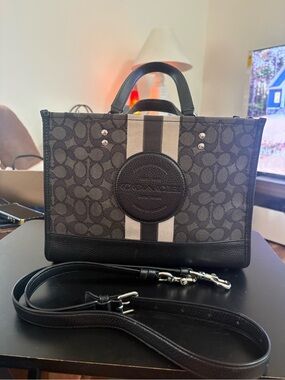 Coach Black Signature Stripe Messenger Bag with Cream Center Stripe